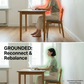 A two-panel infographic showing a woman working at a desk, comparing a stressful setup to one using our Grounding Mat to reconnect with Earth's Natural Energy for stress relief and better focus in a home office.
