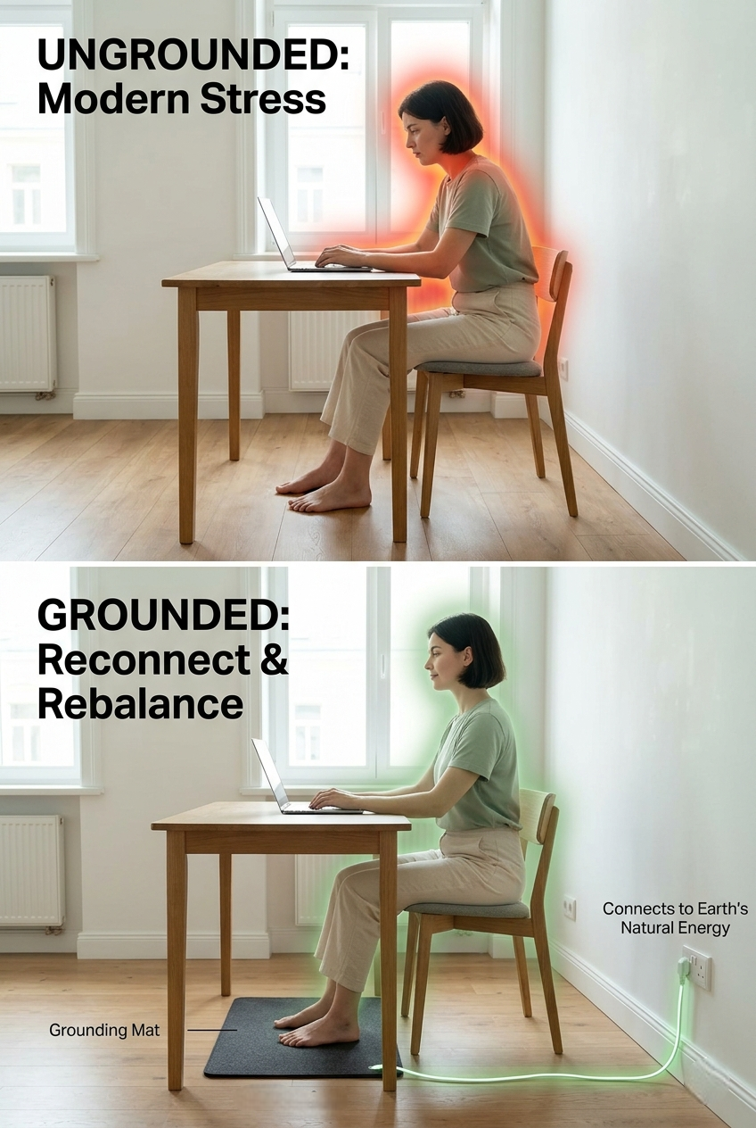 A two-panel infographic showing a woman working at a desk, comparing a stressful setup to one using our Grounding Mat to reconnect with Earth's Natural Energy for stress relief and better focus in a home office.