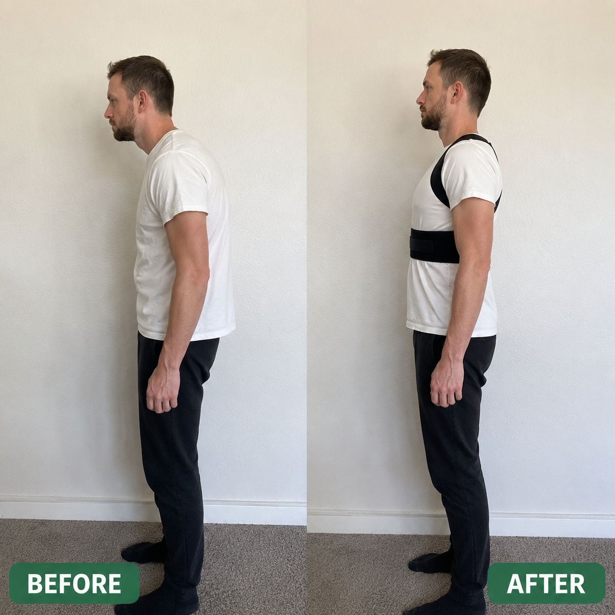 Man before and after wearing VELTIS Posture Corrector Pro showing improved posture