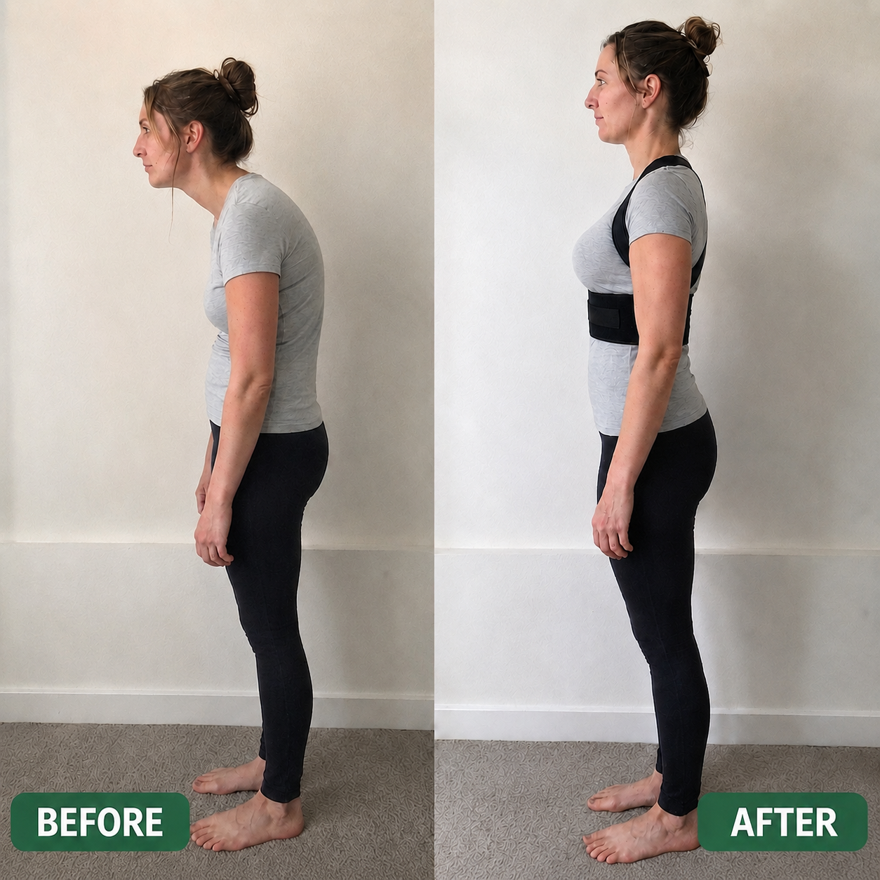 Woman before and after wearing VELTIS Posture Corrector Pro showing improved posture