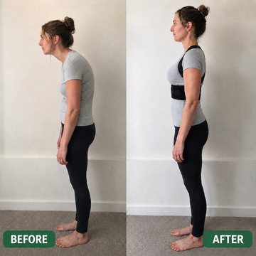 Woman before and after wearing VELTIS Posture Corrector Pro showing improved posture