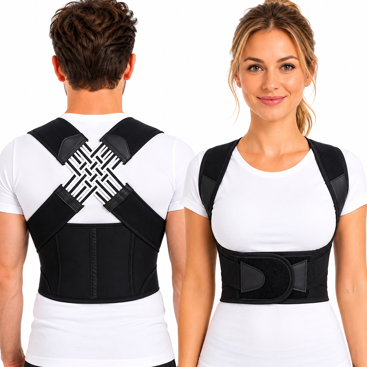 VELTIS Posture Corrector Pro worn by man (back view) and woman (front view) on white background