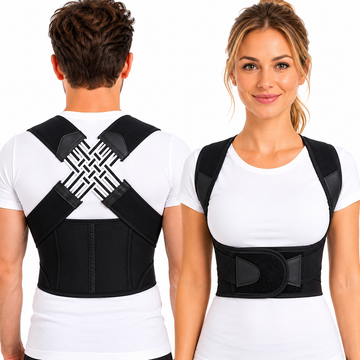 VELTIS Posture Corrector Pro worn by man (back view) and woman (front view) on white background