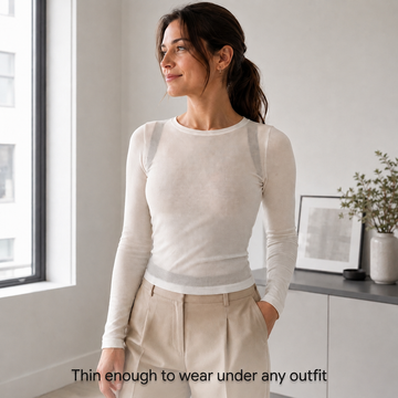 Woman wearing VELTIS Posture Corrector Pro hidden discreetly under white top