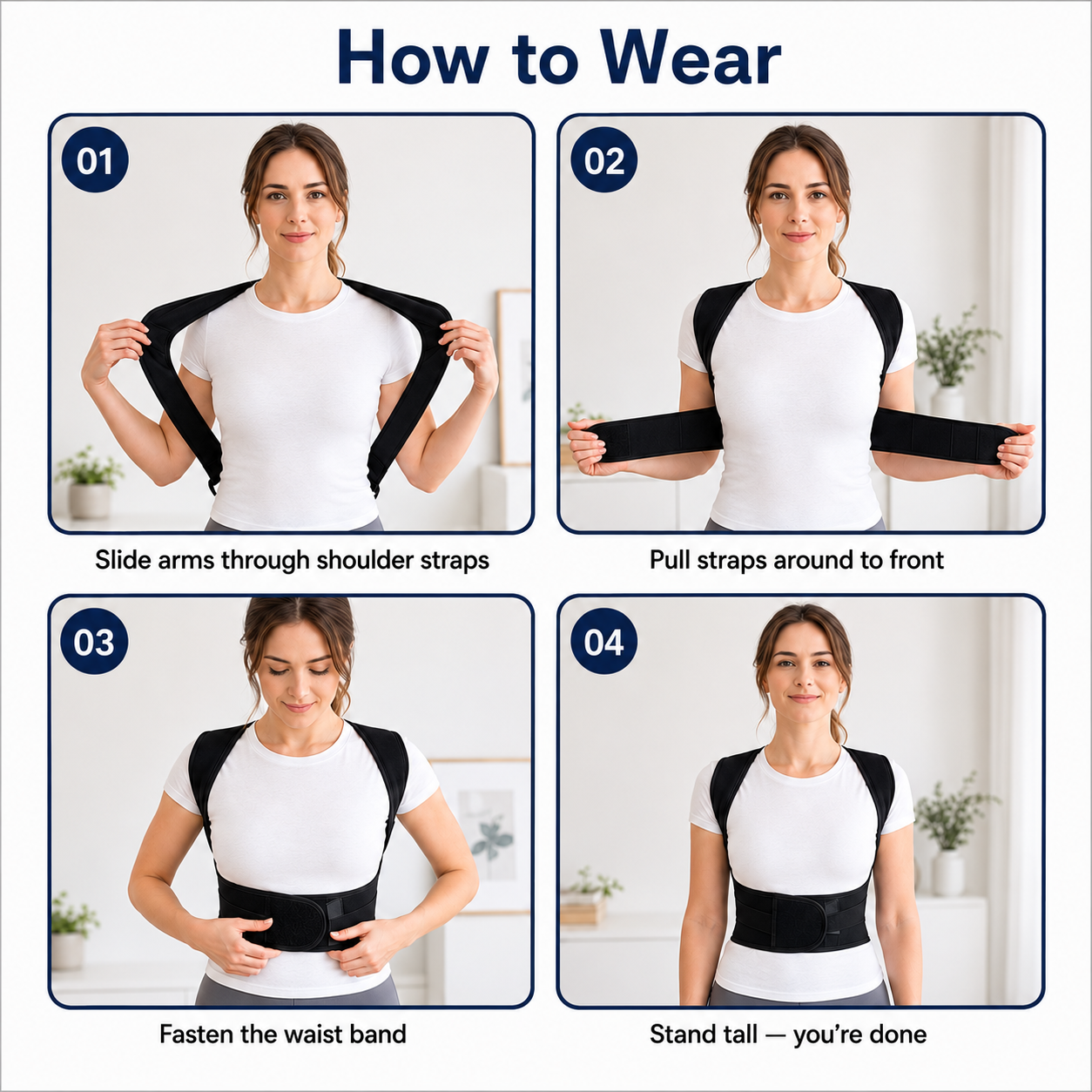 Step-by-step guide showing how to wear the VELTIS Posture Corrector Pro in 4 easy steps