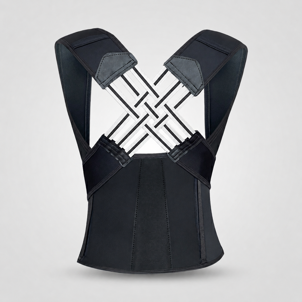 VELTIS Posture Corrector Pro back view showing X-strap design on grey background