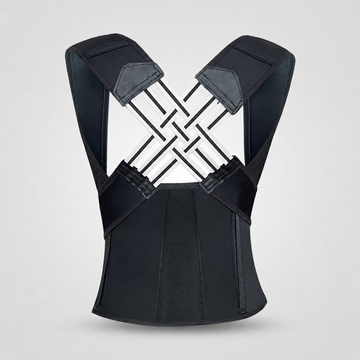 VELTIS Posture Corrector Pro back view showing X-strap design on grey background