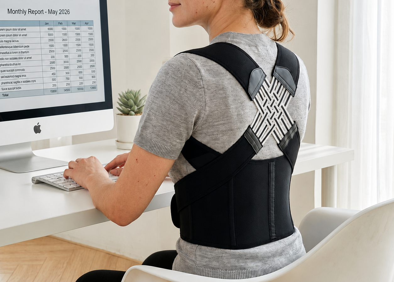 Woman wearing VELTIS Posture Corrector Pro while working at desk with good postureslider_item_yzDFcN