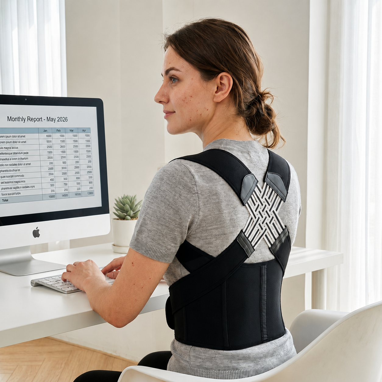 Woman wearing VELTIS Posture Corrector Pro while working at desk with good posture
