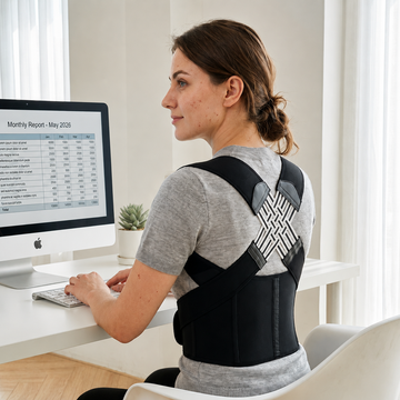 Woman wearing VELTIS Posture Corrector Pro while working at desk with good posture