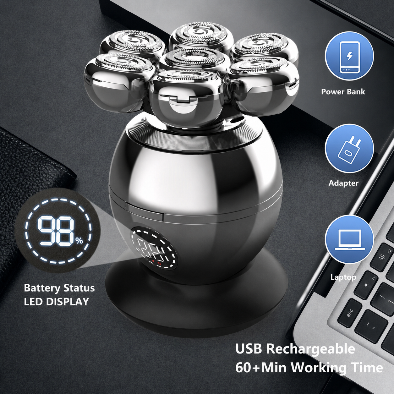 VELTIS AllGroom Pro electric shaver with digital battery display and USB rechargeable base