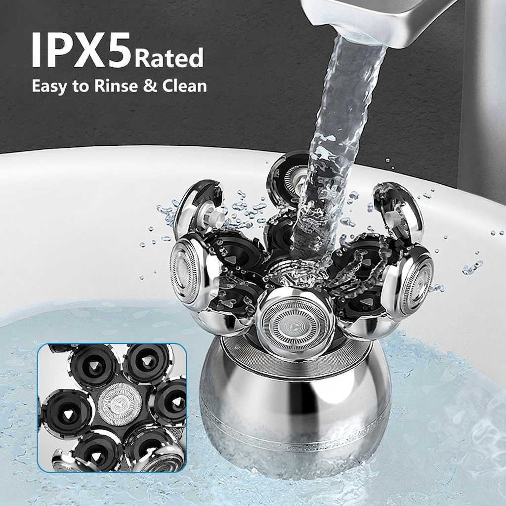 VELTIS AllGroom Pro shaver head being rinsed under water, IPX5 rated for easy cleaning